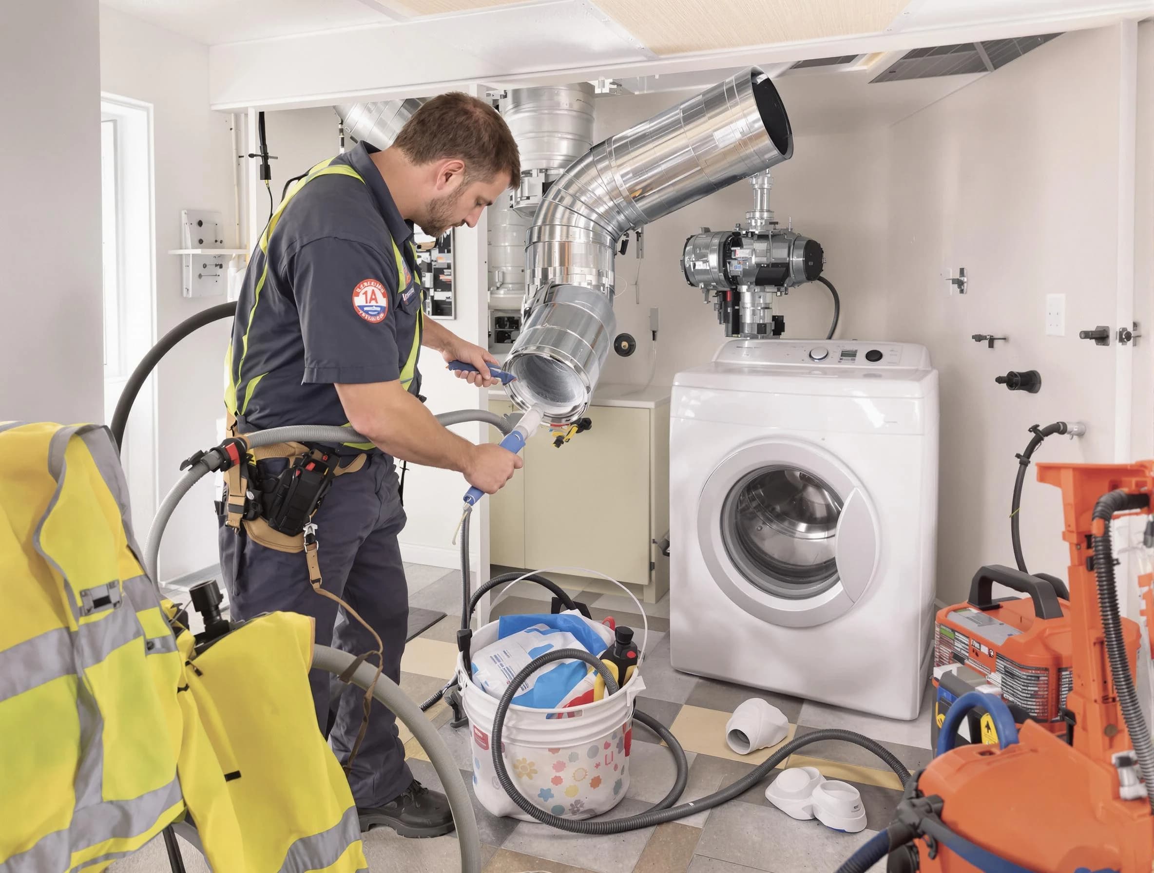 Ontario Dryer Vent Cleaning technician using specialized equipment to clear severe dryer vent blockage in Ontario